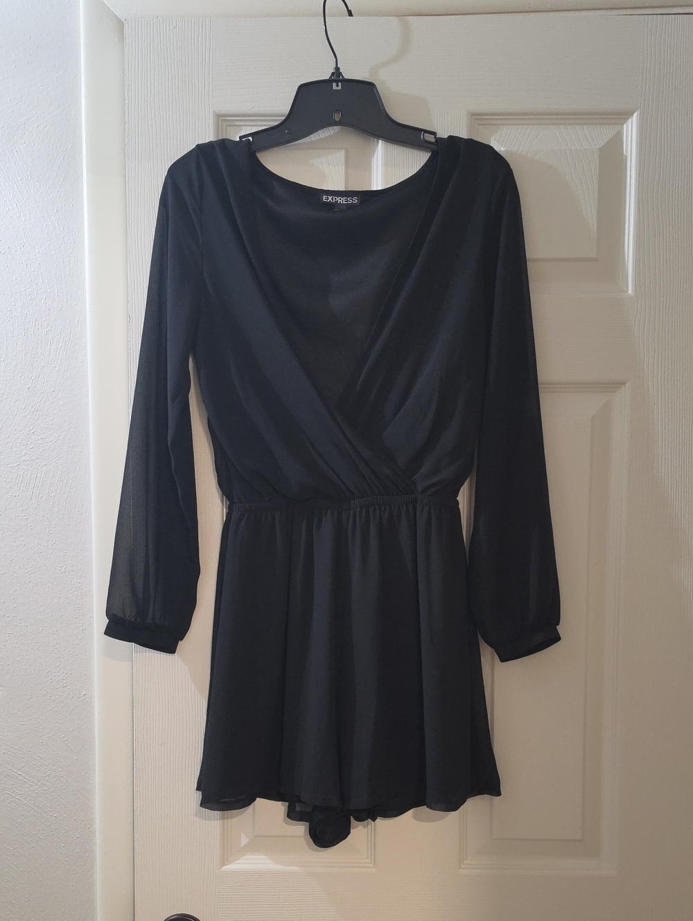 Express Black Long-Sleeve Surplice Skater Dress